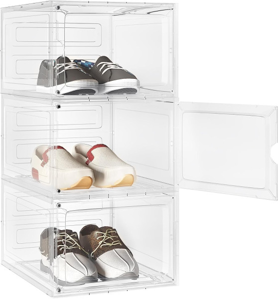 Schuhboxen stapelbar 3er Set, mit magnetischer Tür, transparent aus Kunststoff
