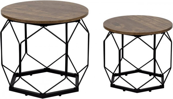 Couchtisch 2er Set, mit runder Tischplatte, aus Holzwerkstoff Metall, Holzoptik Vintage + Schwarz