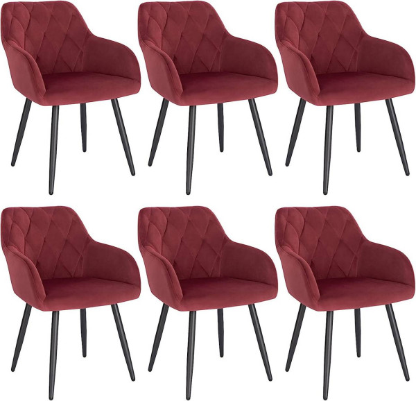 6er Set Esszimmerstühle mit Armlehne Rückenlehne, Stuhl mit Samtbezug Metallbeinen bordeaux